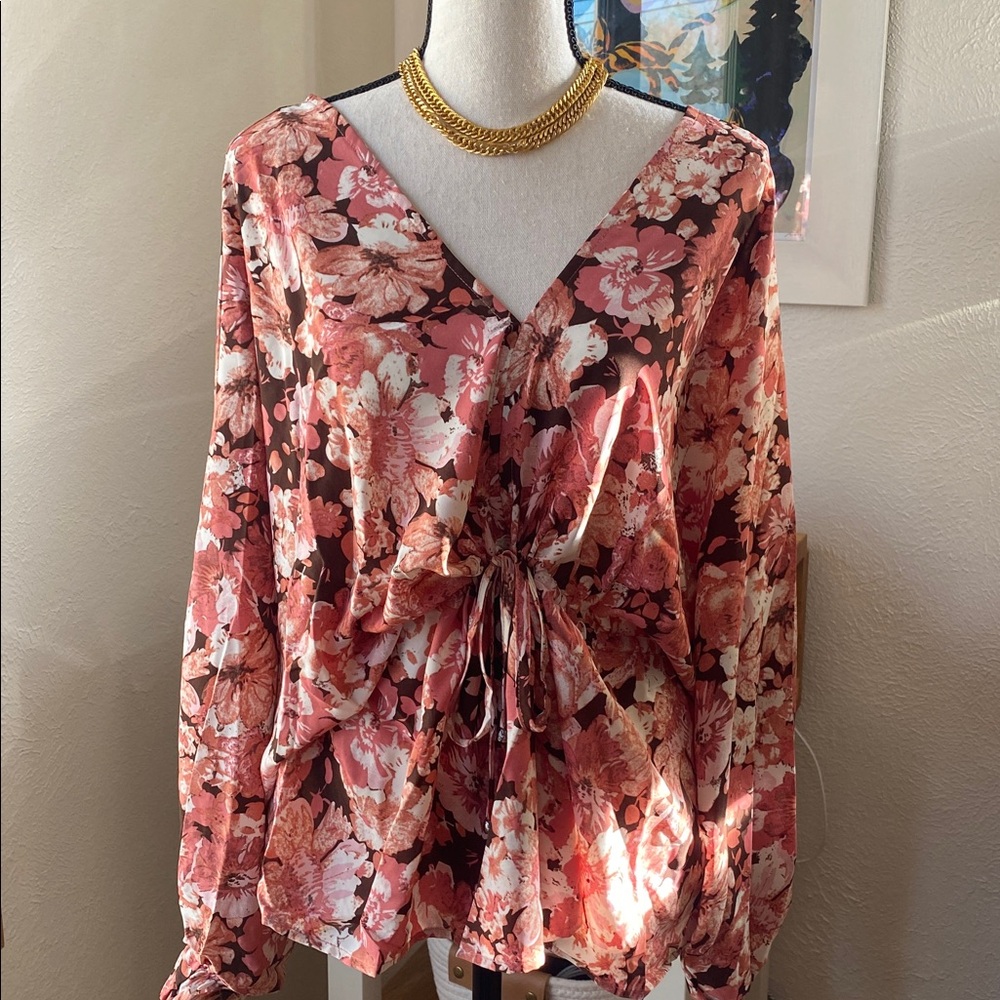 Entro Floral Tie-Front Blouse in Pink and Brown